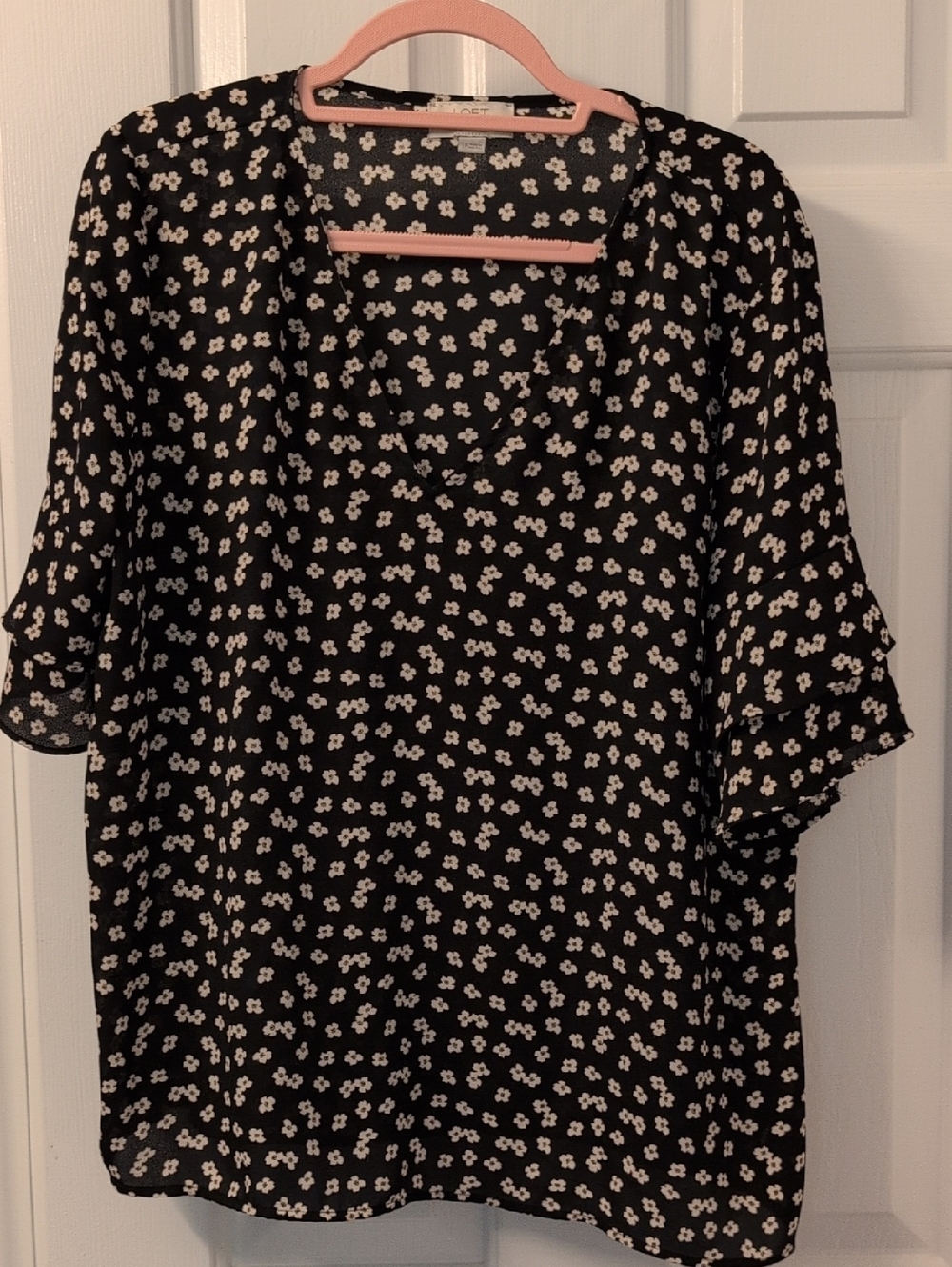 LOFT Black Blouse with White Daisy Print